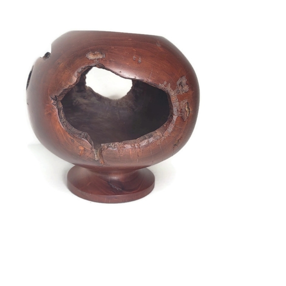 Burl bowl hollow vessel on pedestal with holes - Picture 3 of 15
